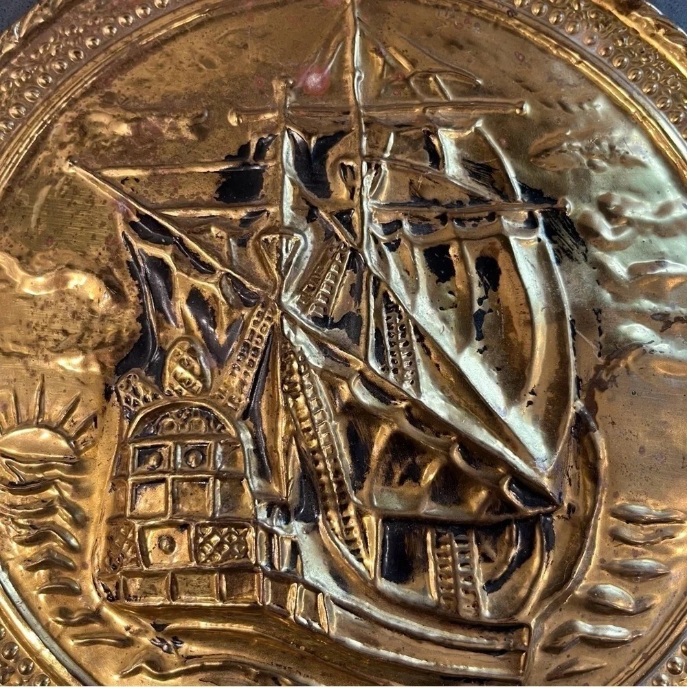 Vintage set 2 brass foil ship plaques Made in England